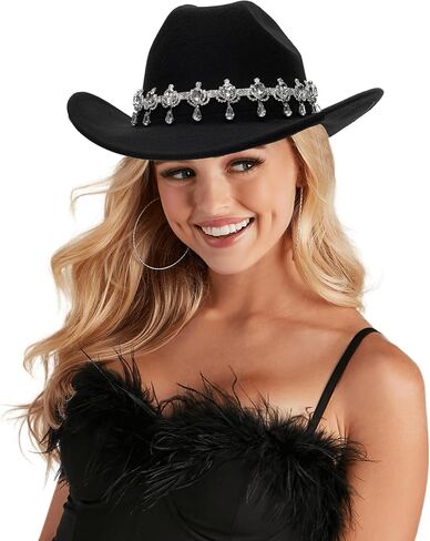 قبعة رعاة البقر الكلاسيكية من حجر الراين ذات حافة واسعة ورأى قبعات راعية البقر الغربية قبعات فيدورا لموسيقى الجاز in Kuwait