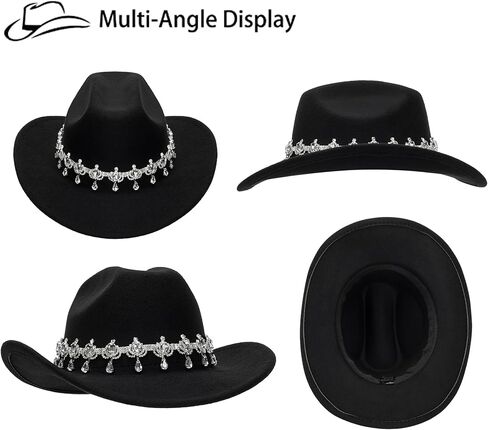 قبعة رعاة البقر الكلاسيكية من حجر الراين ذات حافة واسعة ورأى قبعات راعية البقر الغربية قبعات فيدورا لموسيقى الجاز in Kuwait