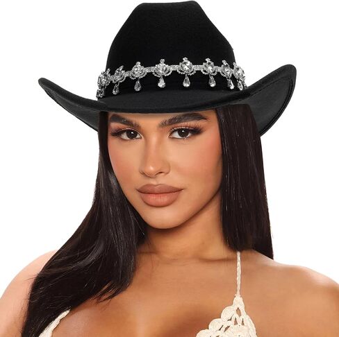 قبعة رعاة البقر الكلاسيكية من حجر الراين ذات حافة واسعة ورأى قبعات راعية البقر الغربية قبعات فيدورا لموسيقى الجاز in Kuwait