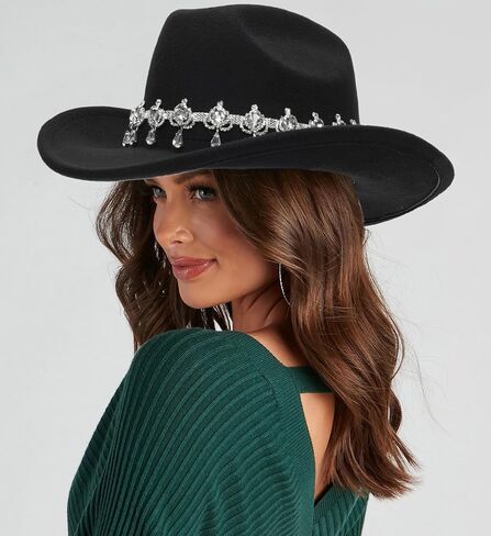 قبعة رعاة البقر الكلاسيكية من حجر الراين ذات حافة واسعة ورأى قبعات راعية البقر الغربية قبعات فيدورا لموسيقى الجاز in Kuwait