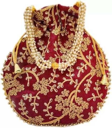 Potli Bag For Women Ethnic Designer Embroidery Work Batwa Pearls Handle With Intricate in Kuwait
