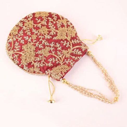 Potli Bag For Women Ethnic Designer Embroidery Work Batwa Pearls Handle With Intricate in Kuwait