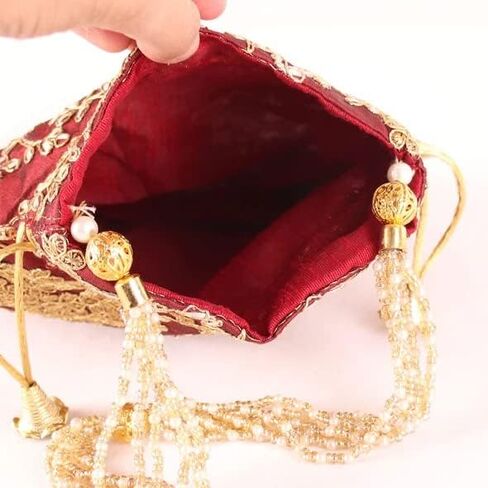 Potli Bag For Women Ethnic Designer Embroidery Work Batwa Pearls Handle With Intricate in Kuwait