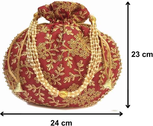 Potli Bag For Women Ethnic Designer Embroidery Work Batwa Pearls Handle With Intricate in Kuwait