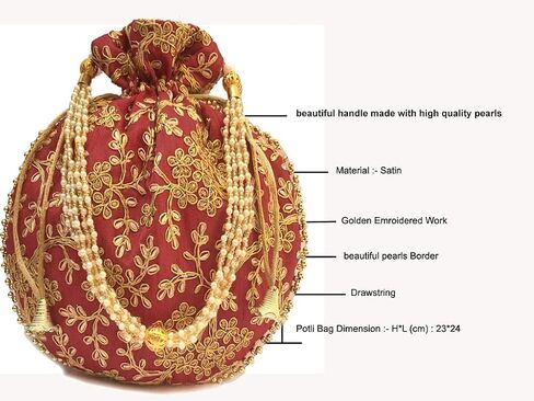 Potli Bag For Women Ethnic Designer Embroidery Work Batwa Pearls Handle With Intricate in Kuwait