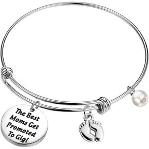 FEELMEM New Grandma Gift The Best Moms Get Promoted to Grandma Bangle Bracelet with Baby Footprint Charm