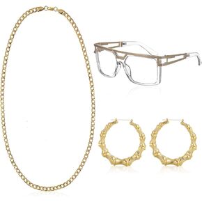AGFELO 90s Accessories Outfit for Woman 80s Clothes Hip Hop Costume Kit Old School Rapper Faux Gold Rope Chain Earrings Buchona Freaknik Theme Cosplay Party Decorations in Kuwait