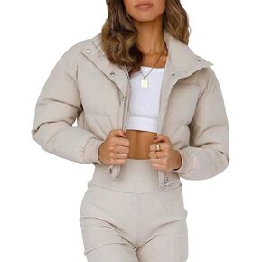 Gihuo Women' s Cropped Puffer Jacket Padded Long Sleeve Bubble Coats Winter Warm Puffy Outerwear(Beige-L) in Saudi Arabia