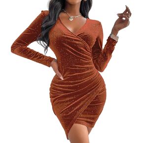 Sexyasasii Women's Mini Wrap Dress V Neck Long Sleeve Velvet Bodycon Glitter Ruched Cocktail Party Dresses in Kuwait