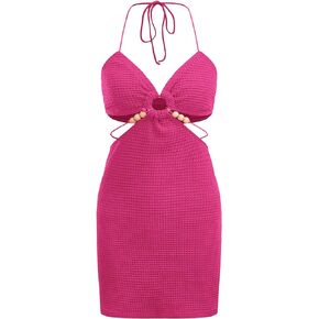 Verdusa Women's Casual Sleeveless Tie Backless Cut Out V Neck Bodycon Halter Mini Beach Boho Dress