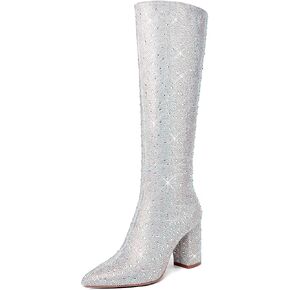 olomisa Sparkly Boots for Women, Rhinestone Knee High Boots Pointed Toe Stiletto Heeled Ankle Booties Bling Sparkling Boots in Kuwait