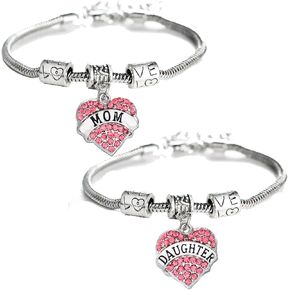 YEEQIN Set of 2 Crystal Heart Mom Daughter Charm Bracelet Jewelry Gift for Mother and Daughter
