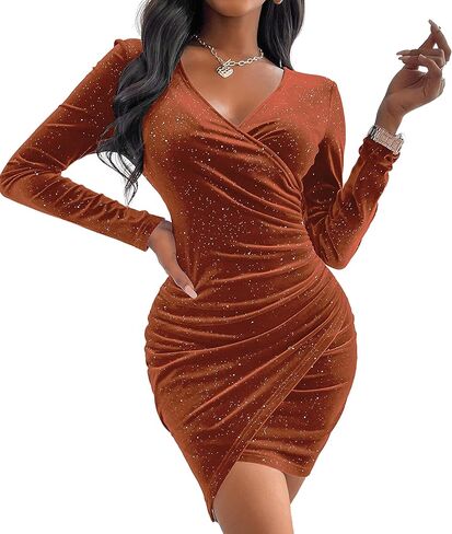 Sexyasasii Women's Mini Wrap Dress V Neck Long Sleeve Velvet Bodycon Glitter Ruched Cocktail Party Dresses in Kuwait