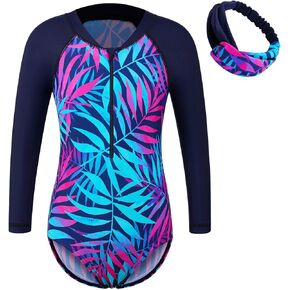 Girls One Piece Swimsuit Long Sleeve Beach Bathing Suit UPF 50+ Sun Protection Rashguard Swimwear with Hairband & Shorts in Kuwait