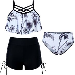 Taubow Girls Bikini Swimsuit 3 Pieces Bathing Suit with Shorts Adjustable Hawaii Swimwear 6-12 Years in Saudi Arabia