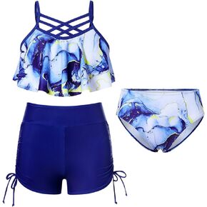 Taubow Girls Bikini Swimsuit 3 Pieces Bathing Suit with Shorts Adjustable Hawaii Swimwear 6-12 Years