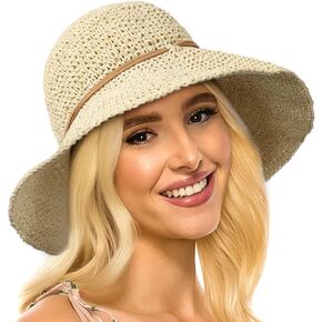 Women's Foldable Straw Sun Hat Wide Brim UPF 50+ Crochet Summer Floppy Beach Hat in Kuwait
