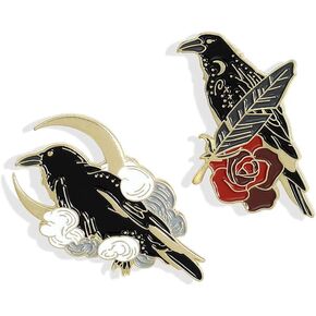 Black Crow Enamel Pins Set Art Rose Moon Lapel Pin Cute Aesthetic Badges for Children Women Backpack Shirt Denim Bag in Kuwait