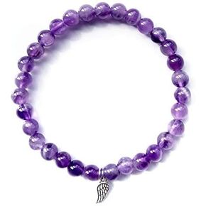 Positive Lady Natural Amethyst Bracelet 16.5 17.78cm with 925 Sterling Silver Angel Wing Cross Four Leaf Clover Heart Rubber Charm 6mm bead Healing Crystal for Women Girl Handmade Adjustable, Stone