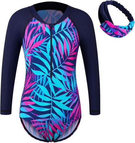 Girls One Piece Swimsuit Long Sleeve Beach Bathing Suit UPF 50+ Sun Protection Rashguard Swimwear with Hairband & Shorts in Kuwait