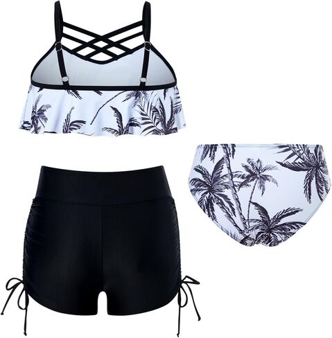 Taubow Girls Bikini Swimsuit 3 Pieces Bathing Suit with Shorts Adjustable Hawaii Swimwear 6-12 Years in Saudi Arabia