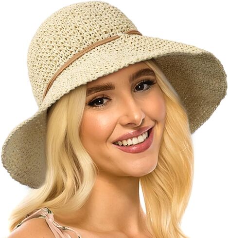 Women's Foldable Straw Sun Hat Wide Brim UPF 50+ Crochet Summer Floppy Beach Hat in Kuwait