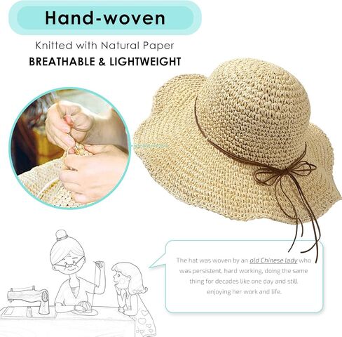 Women's Foldable Straw Sun Hat Wide Brim UPF 50+ Crochet Summer Floppy Beach Hat in Kuwait