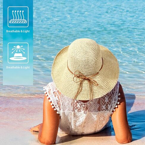 Women's Foldable Straw Sun Hat Wide Brim UPF 50+ Crochet Summer Floppy Beach Hat in Kuwait