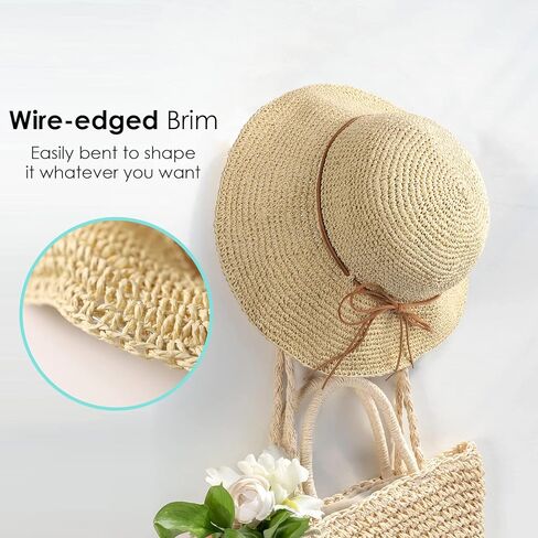Women's Foldable Straw Sun Hat Wide Brim UPF 50+ Crochet Summer Floppy Beach Hat in Kuwait