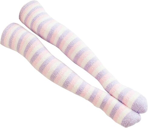 Over Knee High Stockings Stripes Fuzzy Socks Coral Velvet Thigh High Stockings for Girls Women in Saudi Arabia