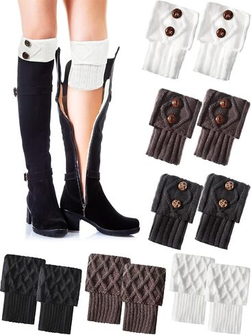 SATINIOR 6 Pairs Womens Boots Socks Winter Crochet Knitted Boot Cuffs with Button Stretchy Leg Warmers Short Socks Toppers for Women Girls, Black, White and Grey in Saudi Arabia