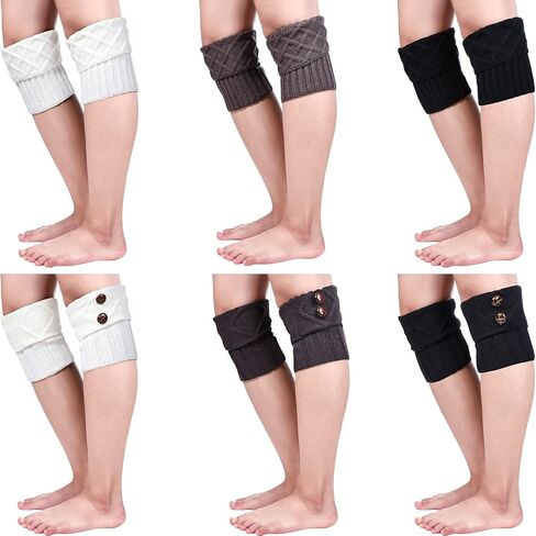 SATINIOR 6 Pairs Womens Boots Socks Winter Crochet Knitted Boot Cuffs with Button Stretchy Leg Warmers Short Socks Toppers for Women Girls, Black, White and Grey in Saudi Arabia
