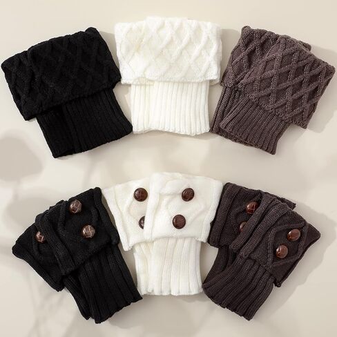 SATINIOR 6 Pairs Womens Boots Socks Winter Crochet Knitted Boot Cuffs with Button Stretchy Leg Warmers Short Socks Toppers for Women Girls, Black, White and Grey in Saudi Arabia