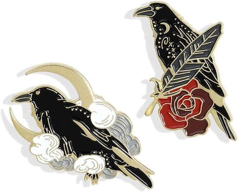 Black Crow Enamel Pins Set Art Rose Moon Lapel Pin Cute Aesthetic Badges for Children Women Backpack Shirt Denim Bag in Kuwait