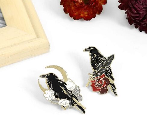 Black Crow Enamel Pins Set Art Rose Moon Lapel Pin Cute Aesthetic Badges for Children Women Backpack Shirt Denim Bag in Kuwait