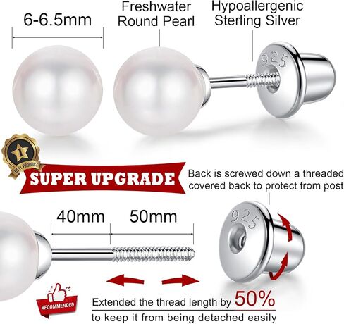 Pearl Stud Earrings for Women 925 Sterling Silver Sensitive Genuine 5mm White Real Round Freshwater Cultured Pearls Everyday Earrings Studs Ladies in Saudi Arabia