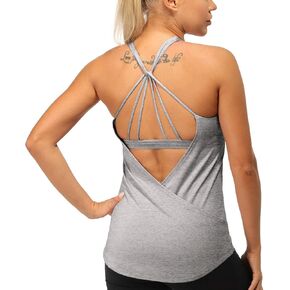 icyzone Built in Bra Workout Tank Tops for Women - Open Back Strappy Athletic Yoga Tops Exercise Running Gym Shirts in Saudi Arabia