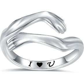 925-Sterling-Silver Adjustable Hug Ring for Women - White Gold Plated Hand Hugging Hug Rings Birthday Christmas Jewelry Gifts for Teen Girl Mom and daughter