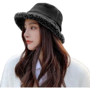 Peicees Winter Fluffy Bucket Hat for Women Girls Fuzzy Warm Bucket Hat with Faux Fur for Kids Reversible Fisherman Cap
