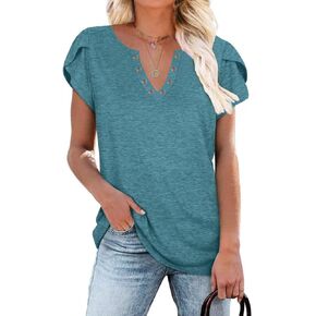 Womens Basic Casual T-Shirts Ring Hole V Neck Petal Short Sleeve Tops Loose Comfy Tunic Tops