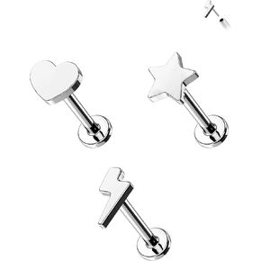 Mooncrush Jewelry 3PCS G23 الصلبة التيتانيوم بدون خيط دفع خلفي مسطح في الأقراط 16G الإضاءة ميدوسا مونرو الزنمة ثقب المجوهرات الجراحية الصلب هيبوالرجينيك in Kuwait