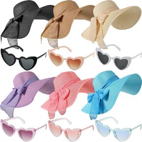 Jeyiour 12 Pcs Floppy Summer Hat Wide Brim with Heart Shape Glasses 6 Pcs Big Bowknot Straw Hat Foldable Roll up Beach Cap Women's Sun Hats 6 Pairs Heart Sunglasses for Summer Beach in Kuwait