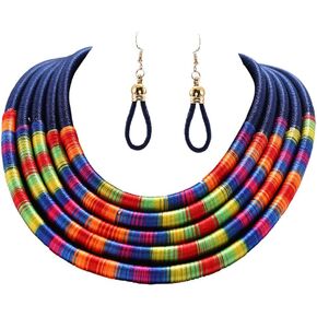 Wosois African Necklace Earrings Set Multilayer Woven Rope Choker Layered Strand Collar Statement Jewelry Accessories for Women and Girls