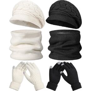 6 Pcs Women Winter Hat Gloves Scarf Set, Knit Hat Touchscreen Gloves Mittens Neck Warmer Set Fleece Lined Slouchy Hats Cap with Visor, 2 Color(Black, White) in Saudi Arabia