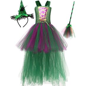 IBTOM CASTLE Witch Costume for Girls, Kids Tulle Dress Halloween Cosplay Dress Cloak Witch Broom Sets