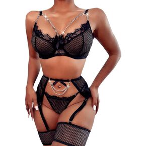 Thisrose Lingerie for Women Sexy Naughty Lace Lingerie Garter Set Fishnet Underwire Lace 4 Piece Sets