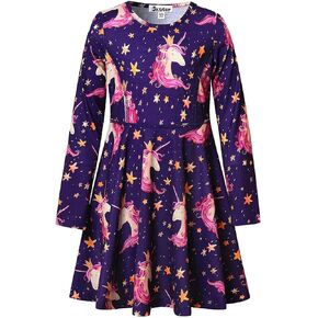 Jxstar Girls Long Sleeve Dresses Kids Cotton Fall Winter Swing Twirl Clothes
