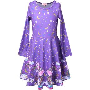 QPANCY Girls Long Sleeve Dresses Unicorn Mermaid Cat Swing Fall Winter Clothes
