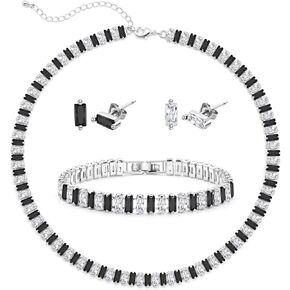 PORIMEE Silver Jewelry Set for Women Tennis Necklace Bracelet Earrings Sparkling Multi-Color Cubic Zirconia Baguette Birthday Anniversary Graduation Wedding Jewelry Gifts for Mom/Wife/Girls/Friend