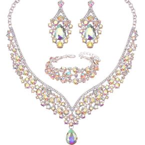 chaoyite Women's Statement Necklace Earrings Link Bracelet Set for Bride Austrian Crystal Wedding Bridal Costume Jewelry Sets